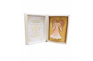 Anjo da Guarda Cristal Estojo Cetim 13 cm
