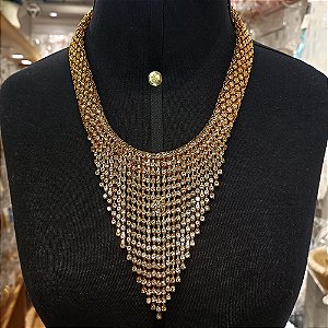 Colar de Festa em Strass Luxo Dourado