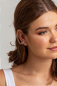 Brinco Ear Cuff Folheado Borboleta com Corrente Dupla e com Piercing Fake (2 peças)