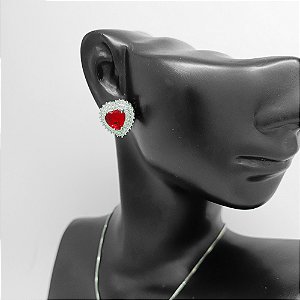 Conjunto de Brinco e Colar de Pedra em Coração Vermelho Folheado Prata