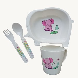 Kit Infantil Elefante Com 04pçs Prato Caneca E Talheres - IAL002