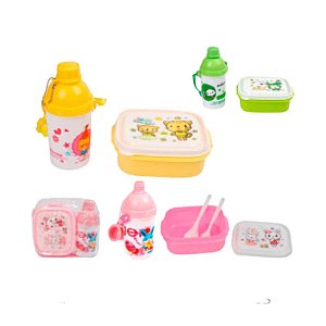 Kit 04 pçs Refeição Para Crianças Lancheira, Garrafinha + Talher Acompanha Bolsinha - KRI-45