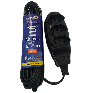 Extensão Elétrica 2 Metros com 3 Tomadas Cabo PP 2P+T PP 2,0 x 0,75 - Naticon