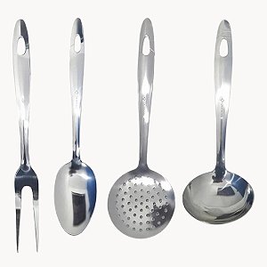 Kit 04 pçs Utensílios Para Cozinha de Aço Inox Escumadeira, Garfo p/ Churrasco, Concha, Espátula