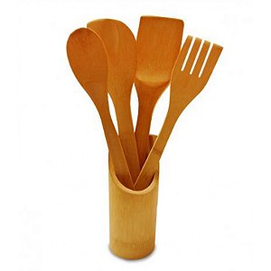 Kit Colher de Pau Utensílios em Bambu 5 Peças Anti Fungos Casa Cozinha Colheres - KCB-06
