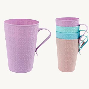 Kit 4 Canecas de Plástico Decoração em Relevo Super Resistente  270ml - COP-81