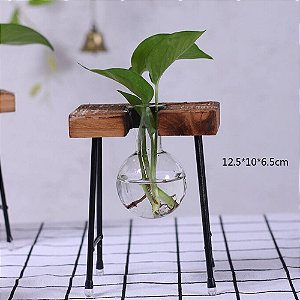 Vaso de Vidro com Suporte de Metal e Madeira - AG3110