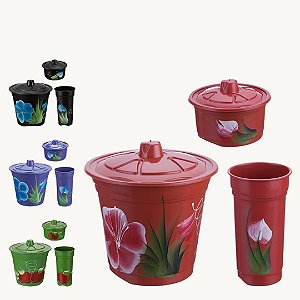 Kit de Pia com 3 Peças Decorado ou Liso Lixeira, Porta Sabão e Detergente - 004