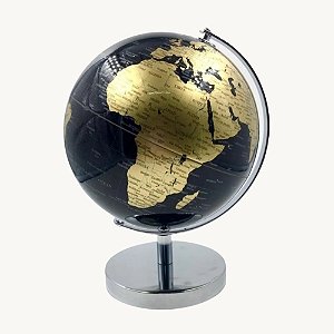 Globo Terrestre Preto com Continentes em Dourado Base de Metal - AG4958