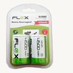 2 Pilhas Recarregáveis Flex Tipo D Grande 4500mAh - FX-D45B2