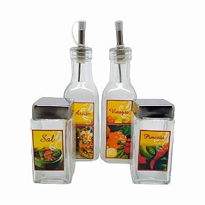 Kit Galheteiro De Vidro 04 Pçs Com Bico Dosador - VDA0502