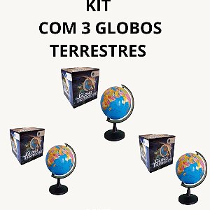 Kit 3 Globos Terrestre Giratório Politico - 23cm x 16cm - GLB-01-1