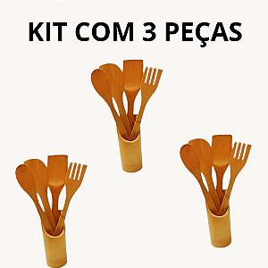 Kit 3 Conjuntos Talheres De Bambu (4 talheres + suporte) Peças Anti Fungos - KCB-06