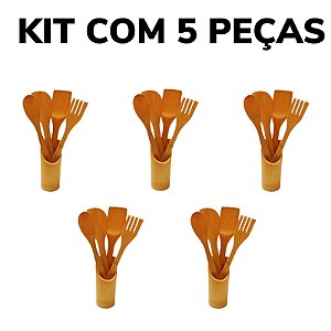 Kit 5 Conjuntos Talheres De Bambu  com 5 peças  (4 talheres + suporte) Peças Anti Fungos - KCB-06
