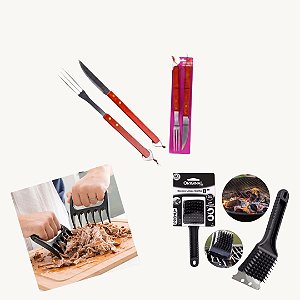 Kit Churrasco 5 Peças Faca Garfo Limpa Grelha + Desfiador