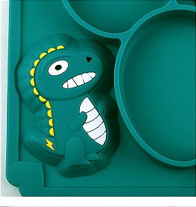 Kit Refeição Infantil Prato De Silicone Com Ventosa Dinossauro + Talheres De Silicone