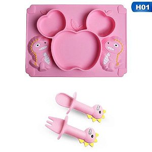 Kit Refeição Infantil Prato De Silicone Com Ventosa Dinossauro + Talheres De Silicone