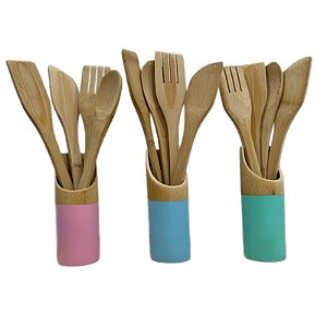 Kit Colher De Pau Utensílios Em Bambu 5 Peças Anti Fungos Casa Cozinha Colorido - KCB-06