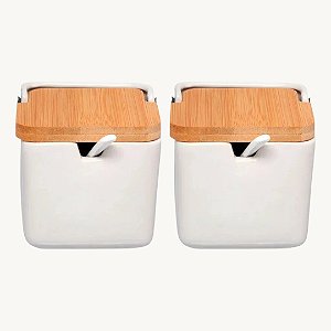 Kit Açucareiro e Saleiro em porcelana, com tampa de bambu e colher AG5242