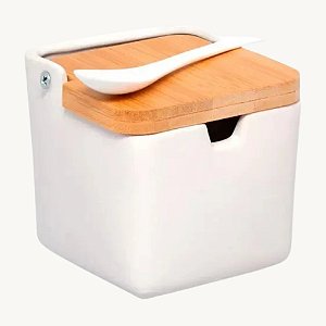 Açucareiro em porcelana, com tampa de bambu e colher AG5241