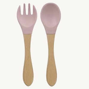 Kit Colher e Garfo de Silicone com Cabo de Madeira HM6014 Rosa
