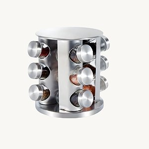 Galheteiro de Vidro e Inox 12 Peças Redondo com Suporte Giratório 18,5cm x 21,5cm.