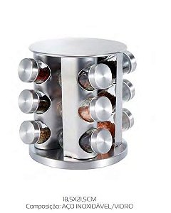 Galheteiro de Vidro e Inox 12 Peças Redondo com Suporte Giratório  18,5cm x 21,5cm.