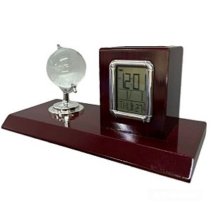 Enfeite de Globo de Cristal com Relogio e Porta Caneta, Base de Madeira de Luxo Ideal para Decoração HM6961