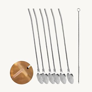 Canudo Colher em Inox com Escova para Limpeza Drinks Mexedor 22cm Kit com 6 Unidades Cor Prateado MG-9250