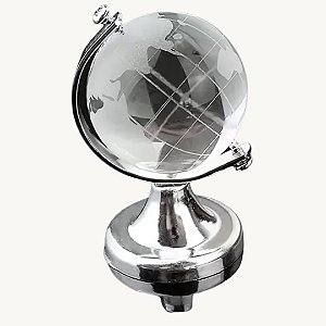 Enfeite de Mesa Decorativo Globo Terrestre Em Vidro Maciço e Metal Prateado 6x8,5cm DT1335T