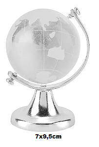 Enfeite de Mesa Decorativo Globo Terrestre Em Vidro Maciço e Metal Prateado 7x9,5cm DT1336T