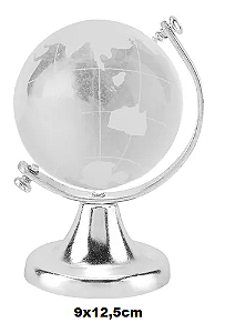 Enfeite de Mesa Decorativo Globo Terrestre Em Vidro Maciço e Metal Prateado 9x12,5cm DT1337T