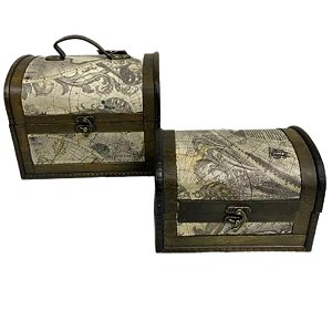 Caixa de Jóias Vintage de Madeira Estilo Retrô para Bijuteria, Acessórios, Organizador de Tesouro - Kit com 2 Baús HM6777