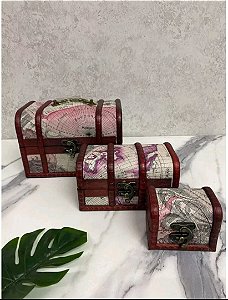 Caixa de Jóias Vintage de Madeira Estilo Retrô para Bijuteria, Acessórios, Organizador de Tesouro - Kit com 3 Baús HM6774