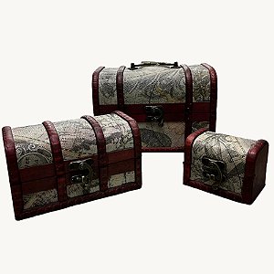Caixa de Jóias Vintage de Madeira Estilo Retrô para Bijuteria, Acessórios, Organizador de Tesouro - Kit com 3 Baús HM6776
