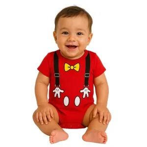 Body Bebê Temático Mickey Vermelho Suedine 100% Algodão.