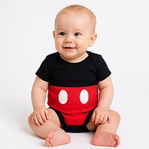Body Bebê Temático Mickey Preto 100% Algodão.