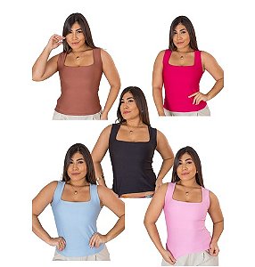 Blusa Feminina Decote Quadrado Reto Em Suplex Regata Feminina Alça Larga Com Decote Sensual Quadrado