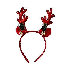 Tiara natal rena vermelha glitter