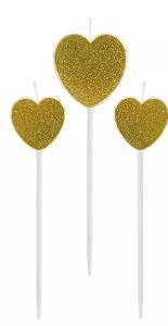 Vela coração dourada glitter (3 und)