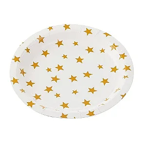 Prato de papel branco com estrela dourada (10 un)