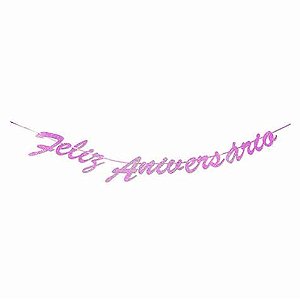 Faixa decorativa feliz aniversário rosa com glitter (01 un)