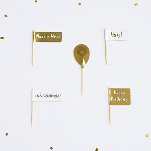 Toppers doces/cupcakes happy birthaday dourado(10 und)