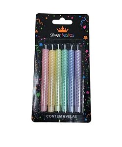 Vela palito espiral metalizada candy color (6 un)