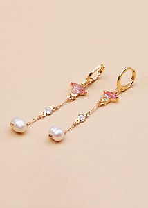 Brinco Antônia - com cristal rosa e pérola banho ouro 18k