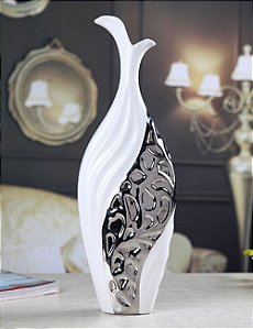 Vaso Decorativo de Cerâmica Chrome – Branco e Prata