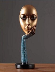 Escultura Moderna Face em Resina – Azul e Dourado