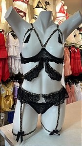 CONJUNTO EU TE AMO - PRETO C/ ALÇA ONÇA