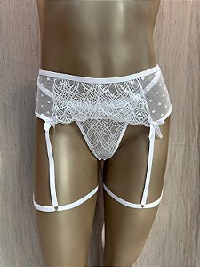 LUXO CINTA LIGA  EM RENDA E TULE + FIO - BRANCO