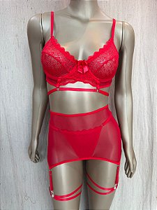 ITALIA CONJUNTO COM SAIA E CINTA LIGA - VERMELHO
